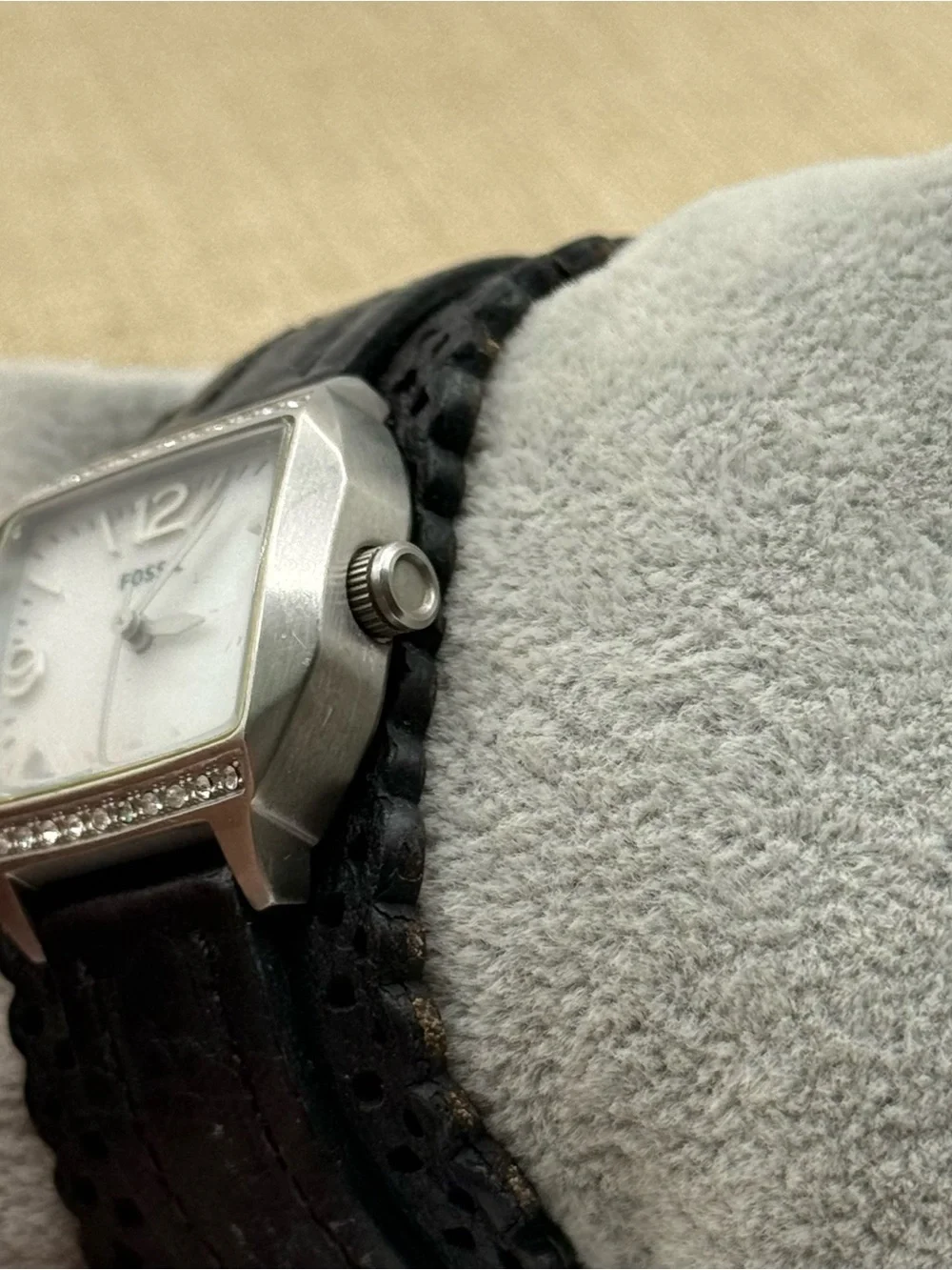 Fossil Black Leather Strap Silver Crystal-Trim Watch